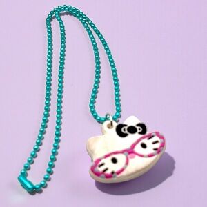 Cute Sanrio Nerd Hello Kitty With Glasses Pendant Turquoise Bead Necklace